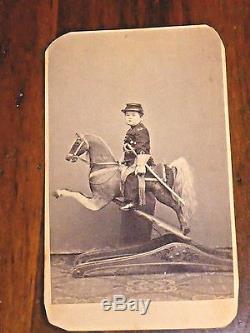 Circa 1860's CIVIL WAR Young BOY in Uniform on TOY HORSE CDV