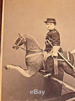 Circa 1860's CIVIL WAR Young BOY in Uniform on TOY HORSE CDV