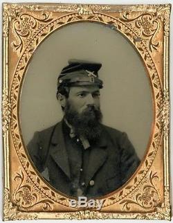 Civil War 1/4 Plate Ambrotype Bearded Artilleryman Wearing Cap Relievo