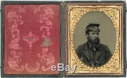Civil War 1/4 Plate Ambrotype Bearded Artilleryman Wearing Cap Relievo