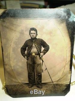 Civil War 1/4 Plate Tintype Photo of Union Cavalryman with Sword in Union Case