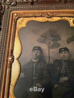 Civil War 1/4 Plate Tintype in Rare Hanging Thermoplastic Frame 2 Soldiers