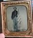 Civil War 1/6 Ambrotype Of A Quadruple Armed Federal Cavalry Soldier With Flag