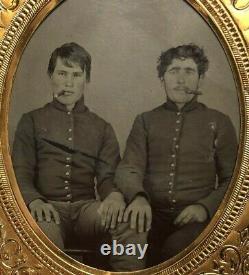 Civil War 1/6 Plate Tintype Pair of Young Soldiers Cigar, Hand on the Other Knee