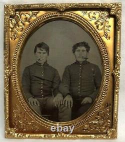 Civil War 1/6 Plate Tintype Pair of Young Soldiers Cigar, Hand on the Other Knee