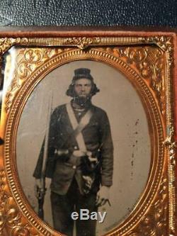 Civil War 1/6 Plate Tintype of a Union Private Loaded with Equipment Patriotic C