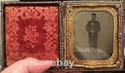 Civil War 1/6 Tintype Photo Of Cavalry Soldier With Carbine Sling & Sword