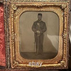 Civil War 1/6 Tintype Photo Of Cavalry Soldier With Carbine Sling & Sword