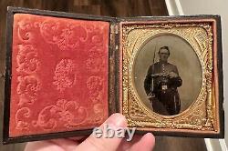 Civil War 1/6th Plate Tintype Image Triple Armed Cavalry Soldier With Colt