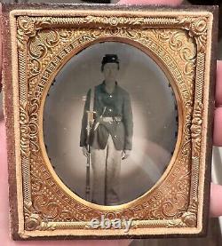 Civil War 1/6th Ruby Ambrotype Armed Soldier Mississippi Rifle & Bayonet ID'D