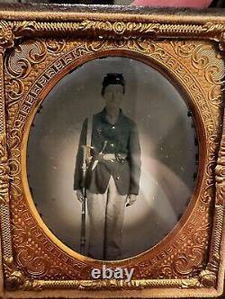 Civil War 1/6th Ruby Ambrotype Armed Soldier Mississippi Rifle & Bayonet ID'D