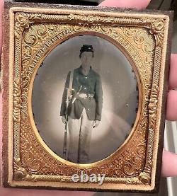 Civil War 1/6th Ruby Ambrotype Armed Soldier Mississippi Rifle & Bayonet ID'D