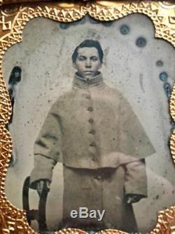 Civil War 1/6th plate Ambrotype. Outdoor Over Coat shot