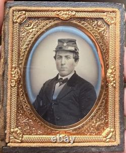 Civil War 1/9 Ambrotype of a Soldier with Political Campaign Photo Pin on Kepi