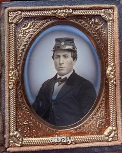 Civil War 1/9 Ambrotype of a Soldier with Political Campaign Photo Pin on Kepi