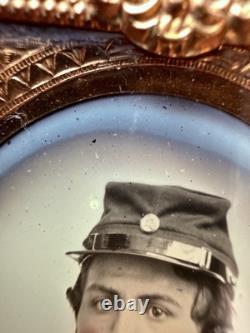 Civil War 1/9 Ambrotype of a Soldier with Political Campaign Photo Pin on Kepi