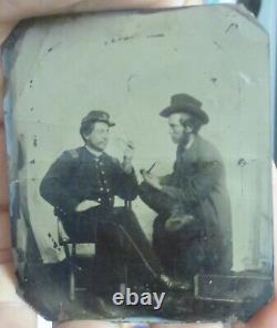 Civil War 6th Plate tintype ferrotype Union ENGINEER smoking with pal