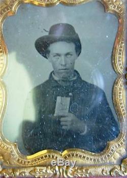 Civil War Ambrotype Soldier With Hardee Hat Holding Bible/Diary