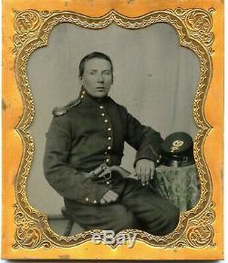 Civil War Ambrotype of Union Artillery Soldier Armed with ID Brooch made from coin