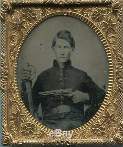 Civil War Armed Cavalryman 6th pl Ambrotype Large Pistol and Sword Young Soldier