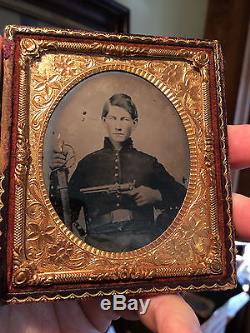 Civil War Armed Cavalryman 6th pl Ambrotype Large Pistol and Sword Young Soldier
