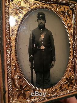 Civil War Armed Soldier with Rifle 1/4 Plate Ambrotype ID'd