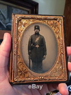 Civil War Armed Soldier with Rifle 1/4 Plate Ambrotype ID'd