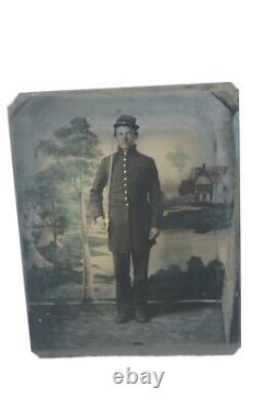 Civil War Armed Union Soldier Photo 1/4 Tintype Young Man with Sword