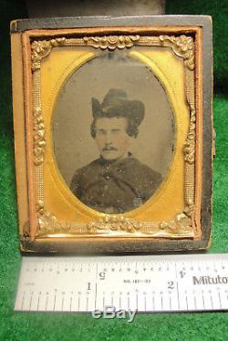 Civil War Cavalry Soldier Tintype Photo Two Revolvers Tipping Slouch hat
