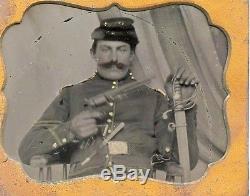 Civil War Cavalry Soldier tintype Quadruple Armed. Nice Condition