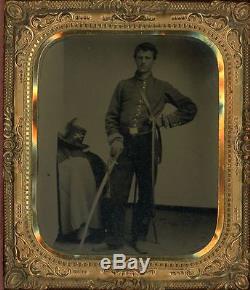 Civil War Cavalryman, Sword, Hardee Hat, Great Pose-Sixth Plate Tintype