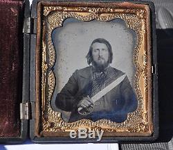 Civil War Confederate 1/6 Plate Ruby Ambrotype Georgia D Guard Bowie Knife