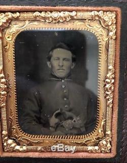 Civil War Double Armed Soldier With Remington & Smith & Wesson #2 1/9th Tin Type