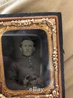 Civil War Double Armed Soldier With Remington & Smith & Wesson #2 1/9th Tin Type