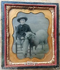 Civil War Era 1/6 Plate AMBROTYPE Photo BOY with PET SHEEPWide Brim Pork Pie HAT