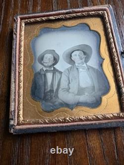 Civil War Era 6th Plate Glass Ambrotype Photo Two Southern Gents Smoking Cigars