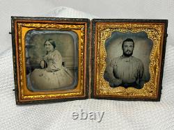 Civil War Era Ambrotype Seated Couple Man & Woman With Gold Jewelry Leather Case