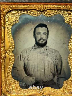 Civil War Era Ambrotype Seated Couple Man & Woman With Gold Jewelry Leather Case