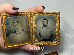 Civil War Era Ambrotype Seated Couple Man & Woman With Gold Jewelry Leather Case