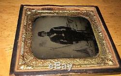 Civil War Era Soldier Double Armed Pistol Rifle withBayonet Flag Tintype 1/9 Plate