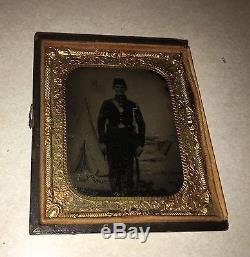 Civil War Era Soldier Double Armed Pistol Rifle withBayonet Flag Tintype 1/9 Plate