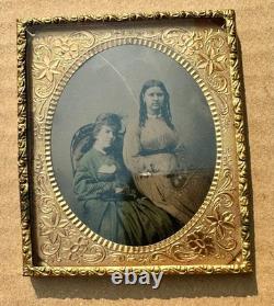Civil War Era Tintype Two Women Tinted Dresses Long Hair 1860s Girlfriends
