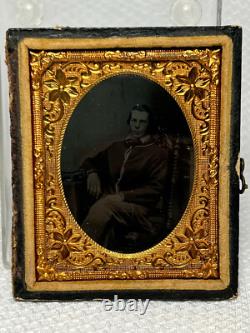 Civil War Full Seated Confederate Rebel Early Melainotype Tintype Leather Case