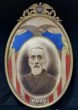 Civil War Named Soldier GAR Oval Photo Eagle Shield Emblem Framed Convex Glass