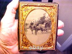 Civil War Outdoors Quarter Plate Ambrotype Photograph Wagon Horses Men in Case
