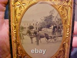 Civil War Outdoors Quarter Plate Ambrotype Photograph Wagon Horses Men in Case