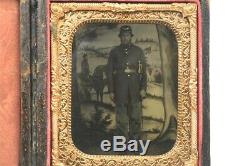 Civil War Photo 1/6th Plate Tintype Union Soldier with Excellent Painted Backdrop