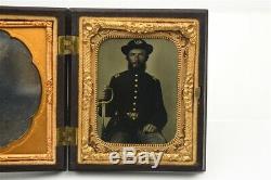 Civil War Photo 1/9th Ambrotype Grizzly Union Officer with Sword Interesting Case