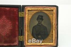 Civil War Photo 1/9th Ambrotype Young Ethnic Soldier with Knife Union Forever Case