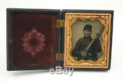 Civil War Photo 1/9th Plate Tintype Union Soldier Sitting with Rifle in Case